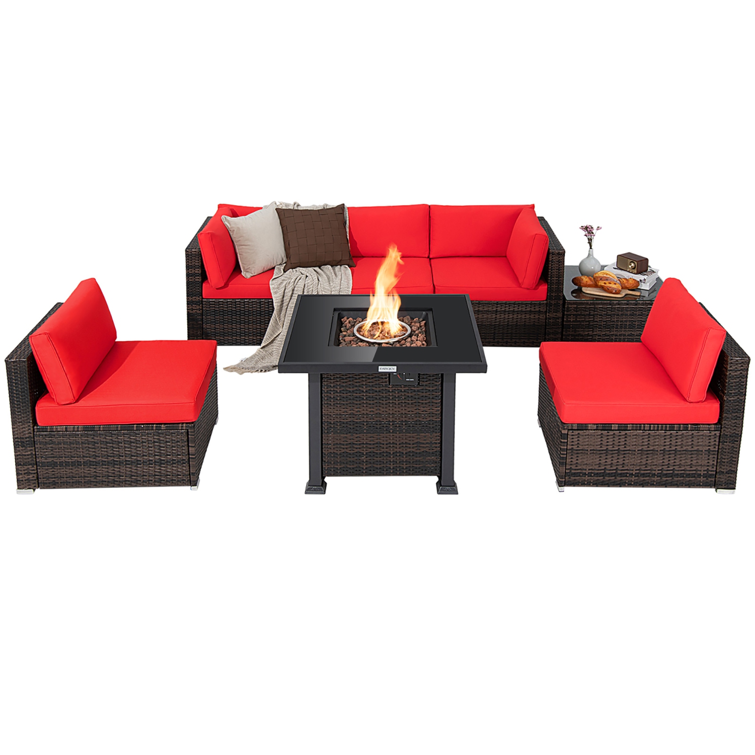 Costway 7PCS Patio Rattan Furniture Set Fire Pit Table Cover Glass Top Cushion Off White\Black\Navy\Red\Turquoise