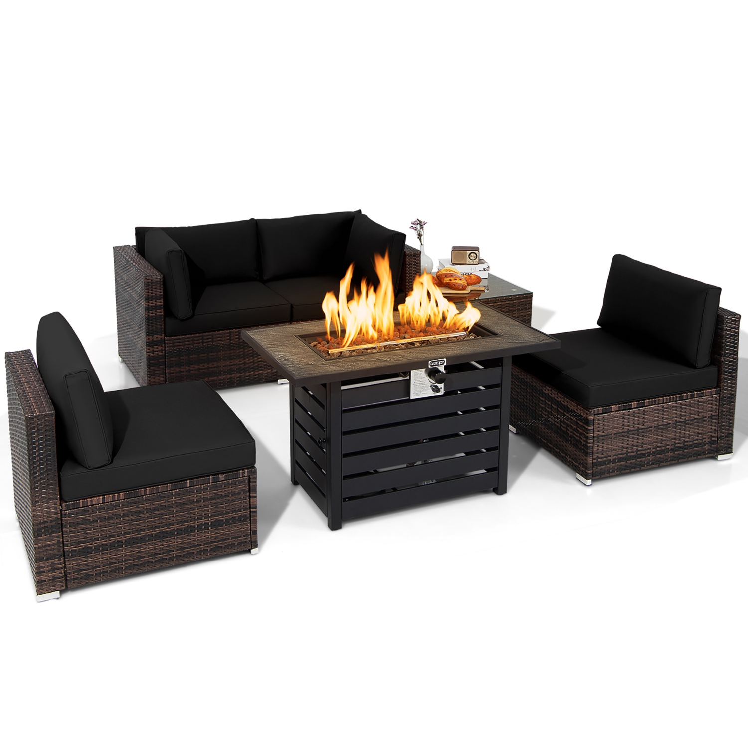 Costway 6PCS Patio Rattan Furniture Set 42" Fire Pit Table Cover Sofa Cushion