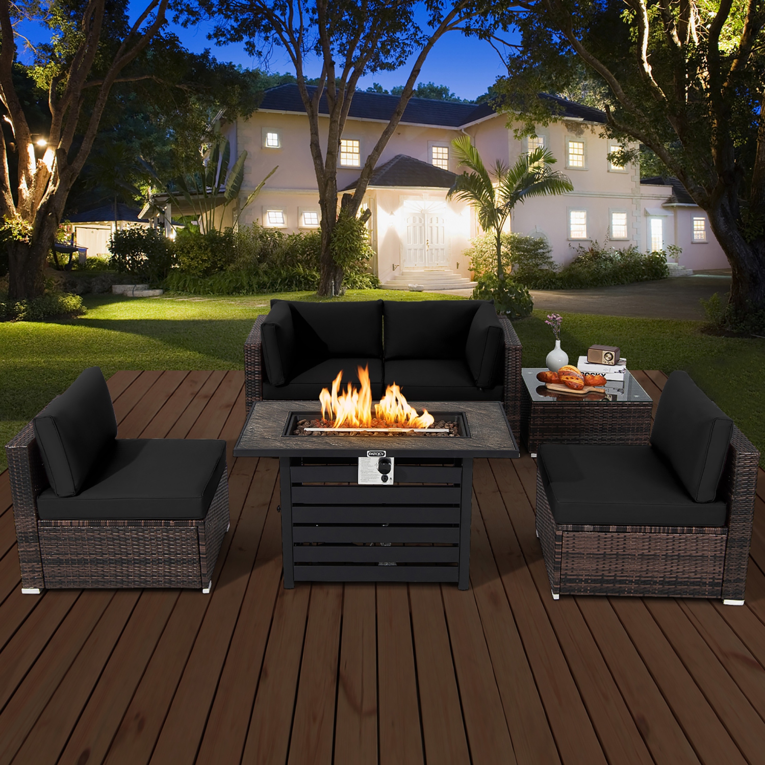 Costway 6PCS Patio Rattan Furniture Set 42" Fire Pit Table Cover Sofa Cushion