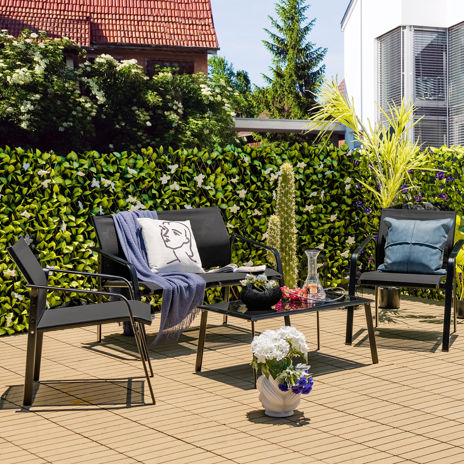 Costway 4 PCS Patio Furniture Set Loveseat Sofas Armrest Glass Table Deck