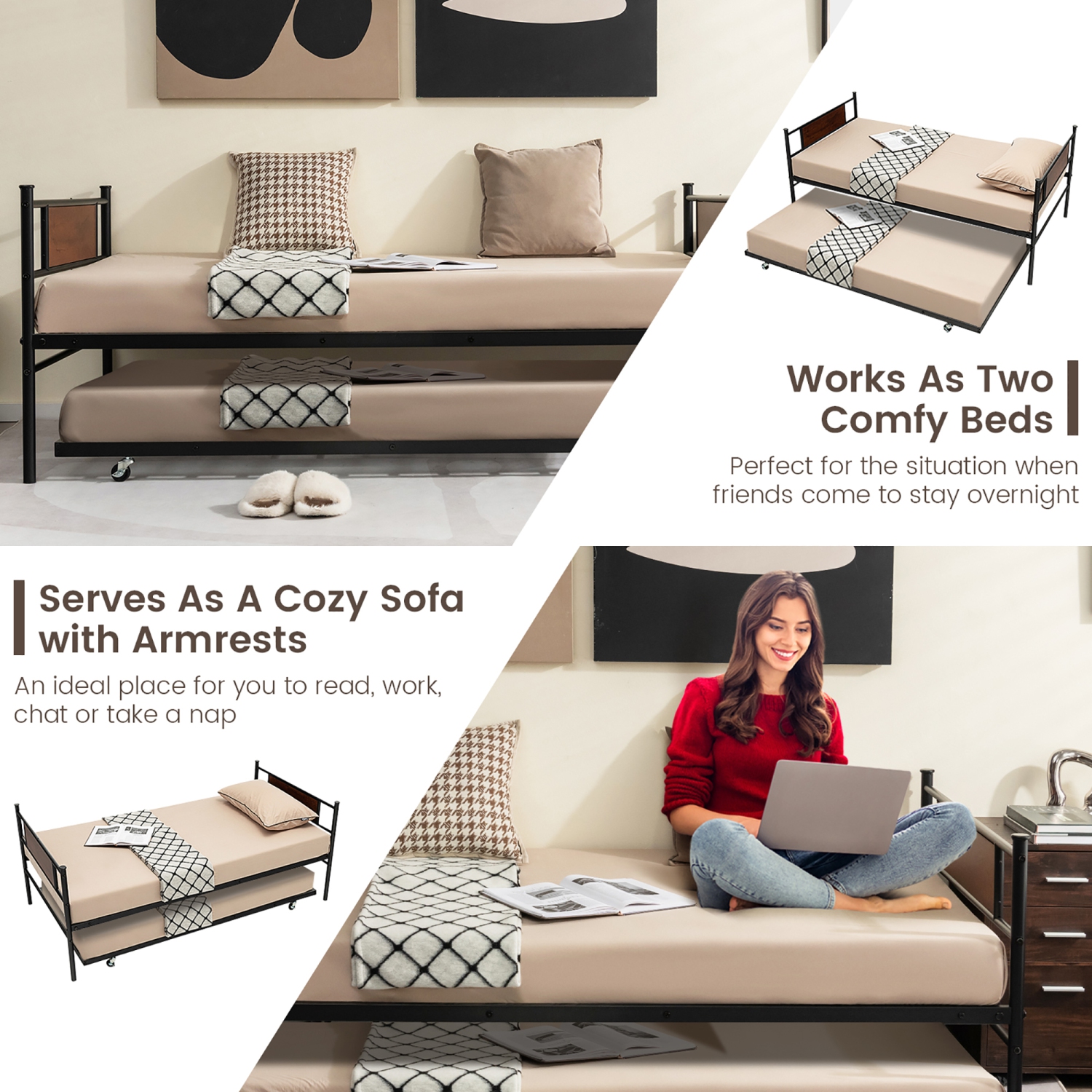 Costway Twin 2-In-1 Daybed Frame with Trundle Bed Set Steel Platform Sofa Bed Black