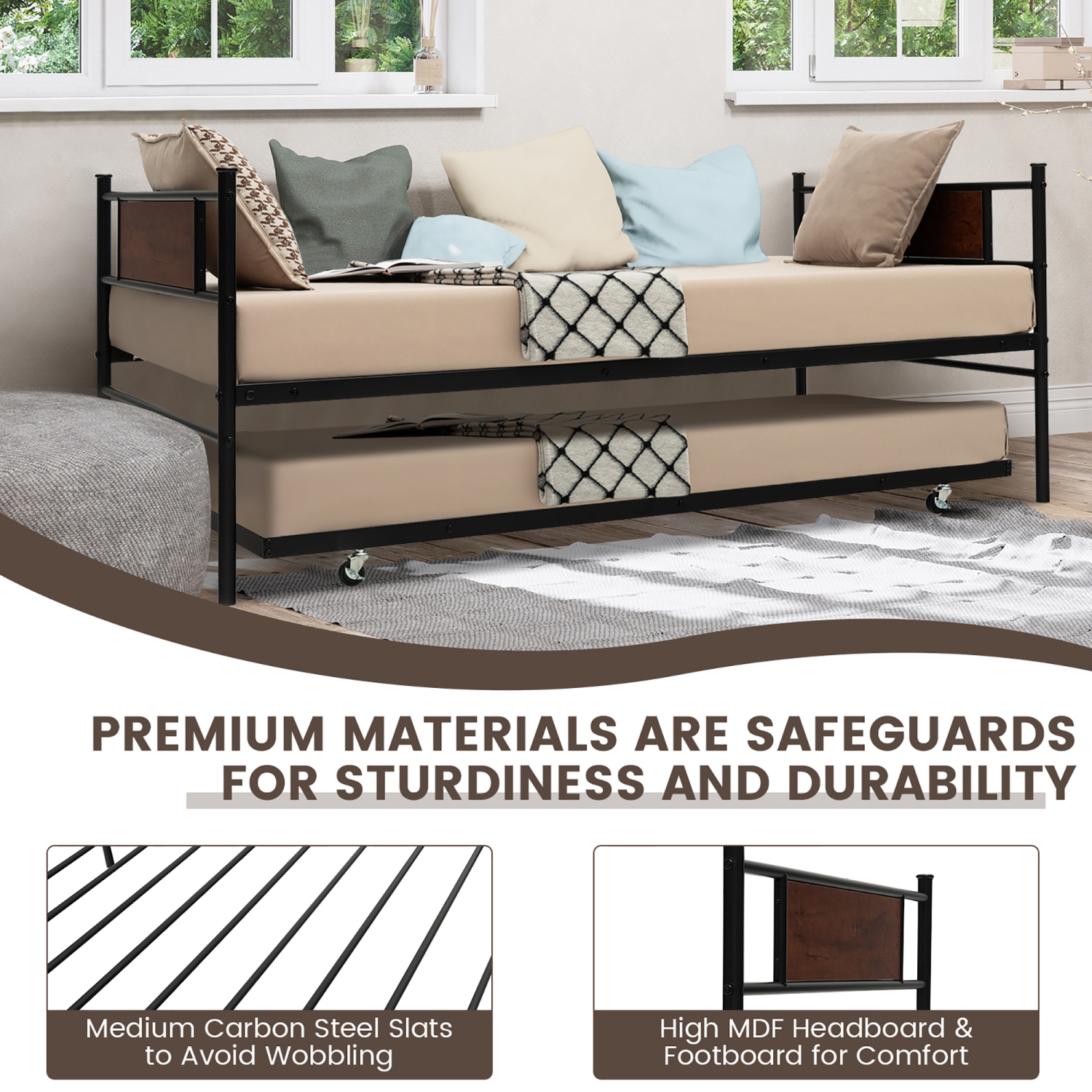 Costway Twin 2-In-1 Daybed Frame with Trundle Bed Set Steel Platform Sofa Bed Black