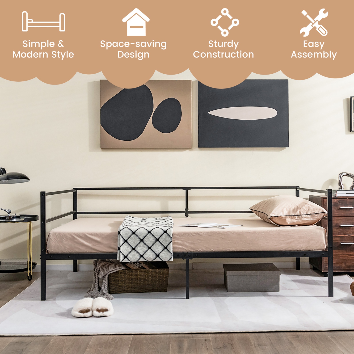 Costway Twin Daybed Sofa Bed Frame Metal Platform with Headboard for Guest Living Room
