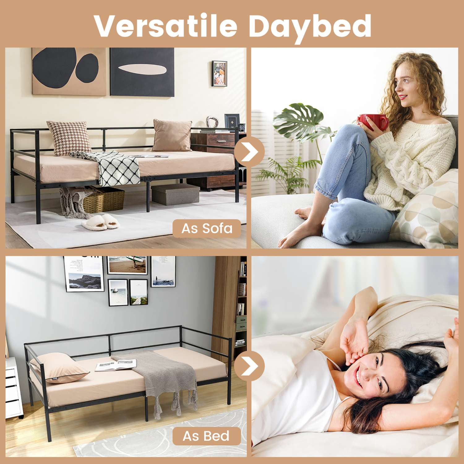 Costway Twin Daybed Sofa Bed Frame Metal Platform with Headboard for Guest Living Room