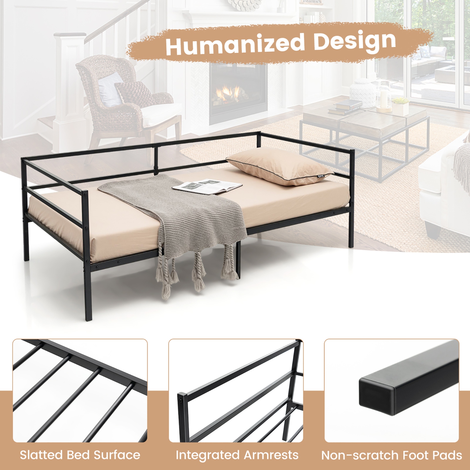 Costway Twin Daybed Sofa Bed Frame Metal Platform with Headboard for Guest Living Room