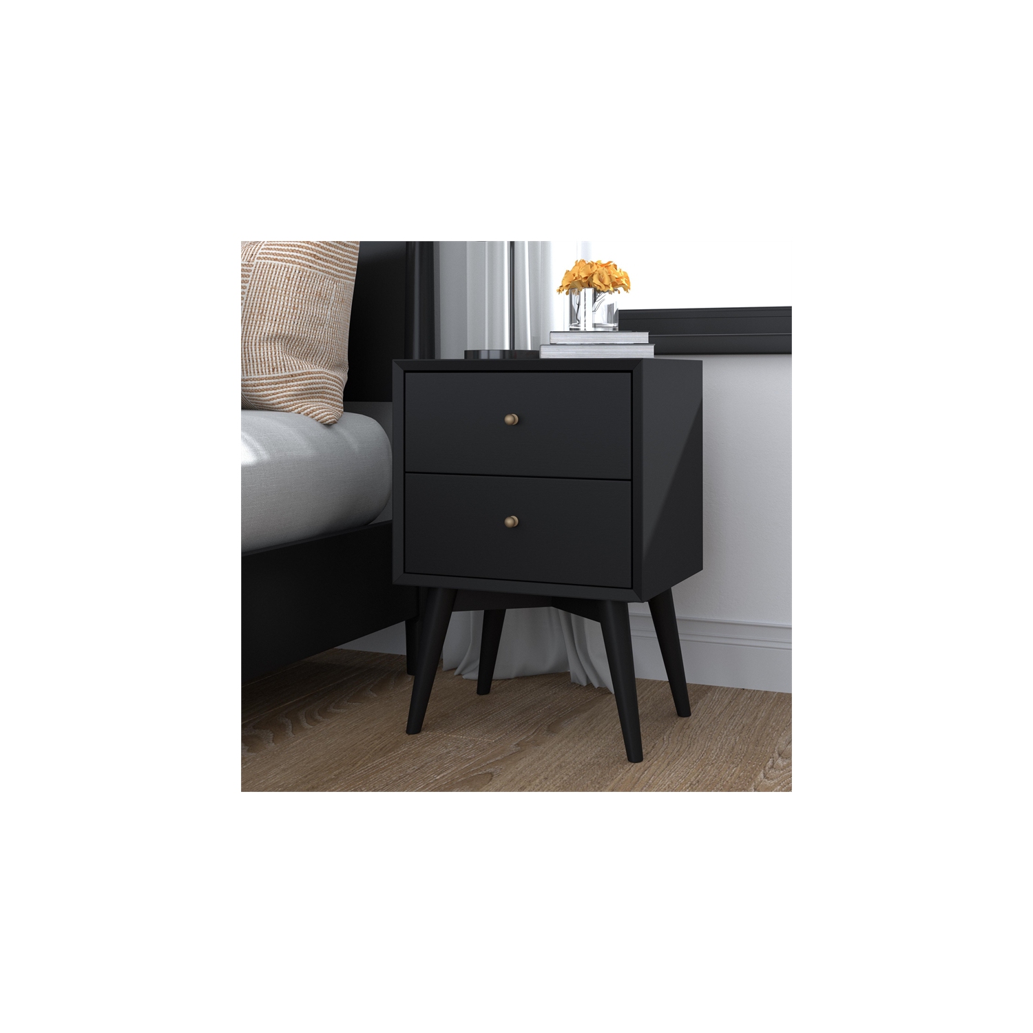 Bowery Hill Mid Century Modern Wood 2 Drawer Nightstand in Black