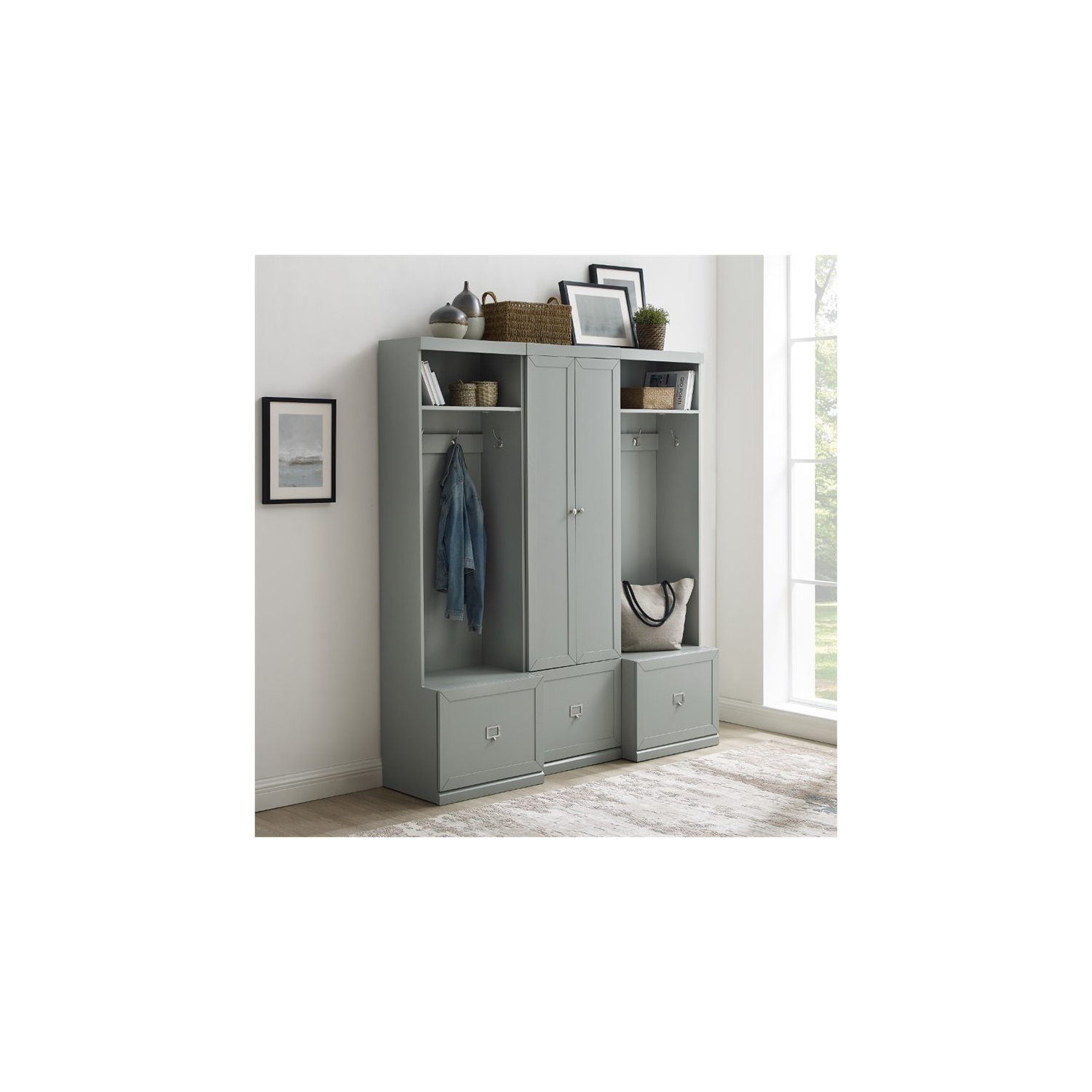 Crosley – Ensemble de rangement d’entrée moderne en bois Harper, 3 pièces, gris