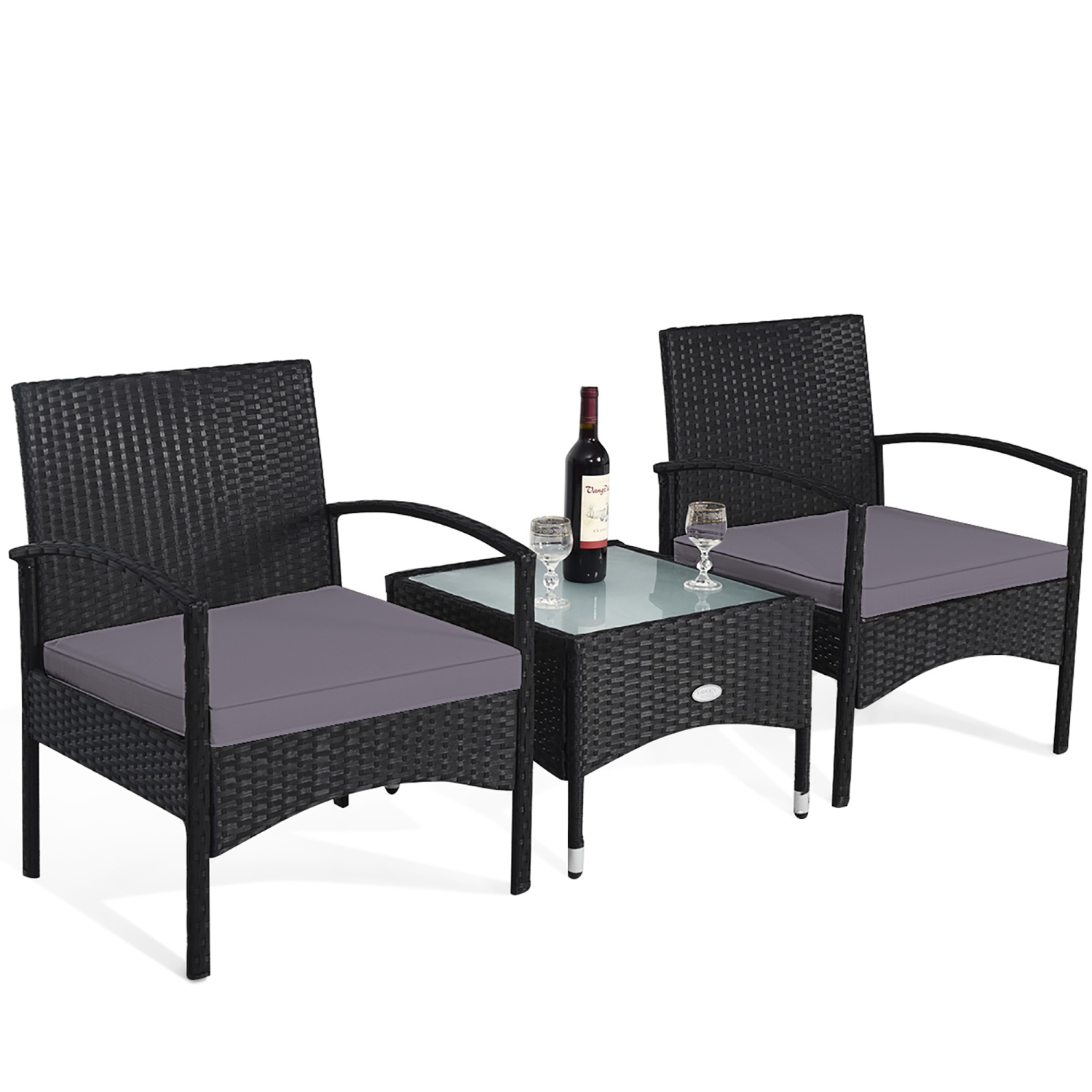 Costway 3 PCS Patio Wicker Rattan Furniture Set Coffee Table & 2 Rattan Chair W/Cushion