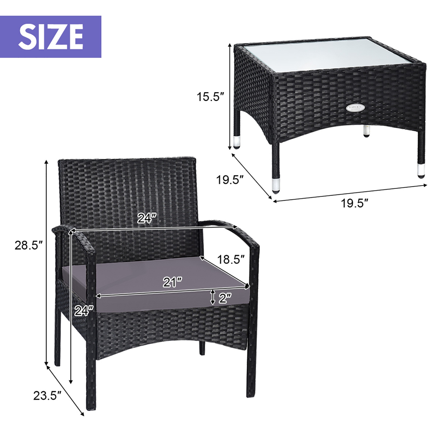 Costway 3 PCS Patio Wicker Rattan Furniture Set Coffee Table & 2 Rattan Chair W/Cushion