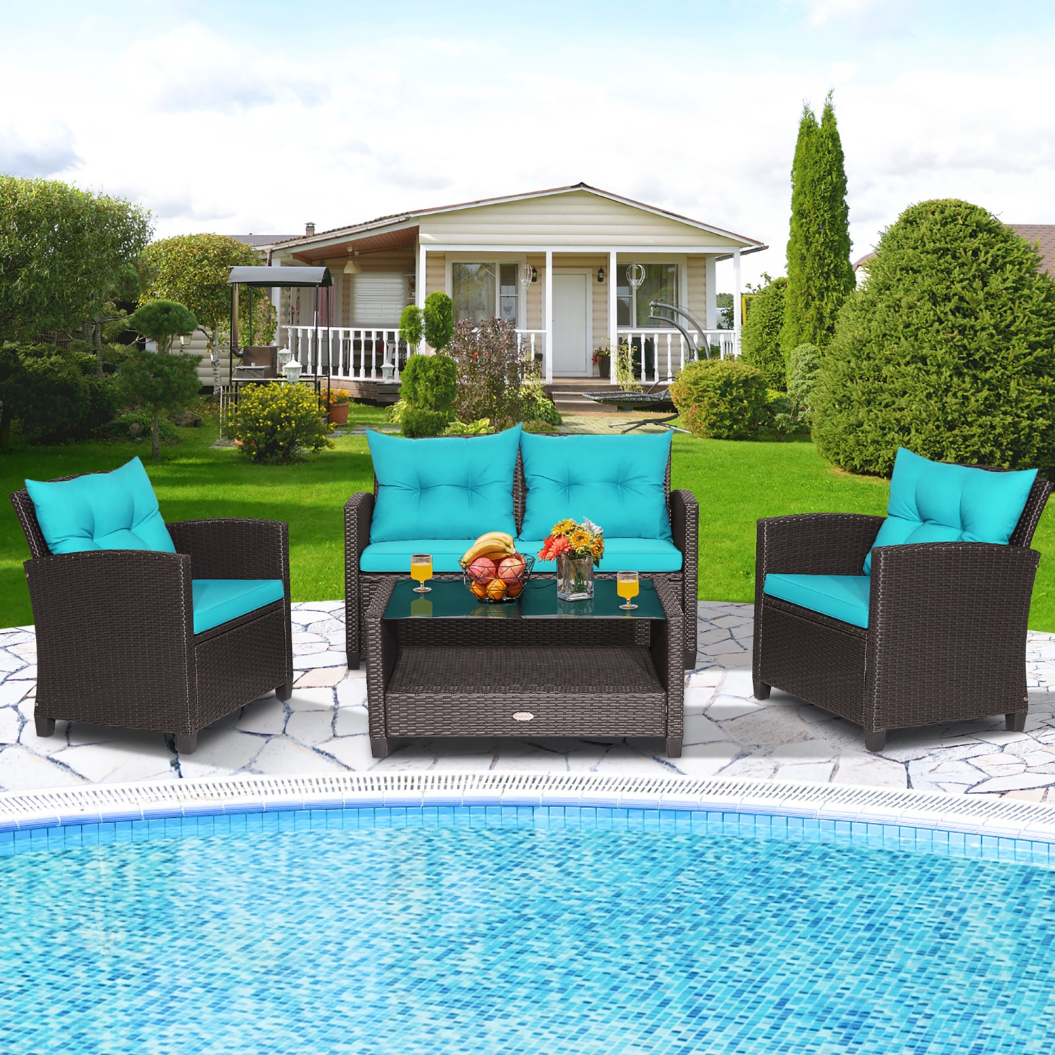 Costway 4 PCS Patio Rattan Furniture Set Glass Table Shelf Sofa Cushion