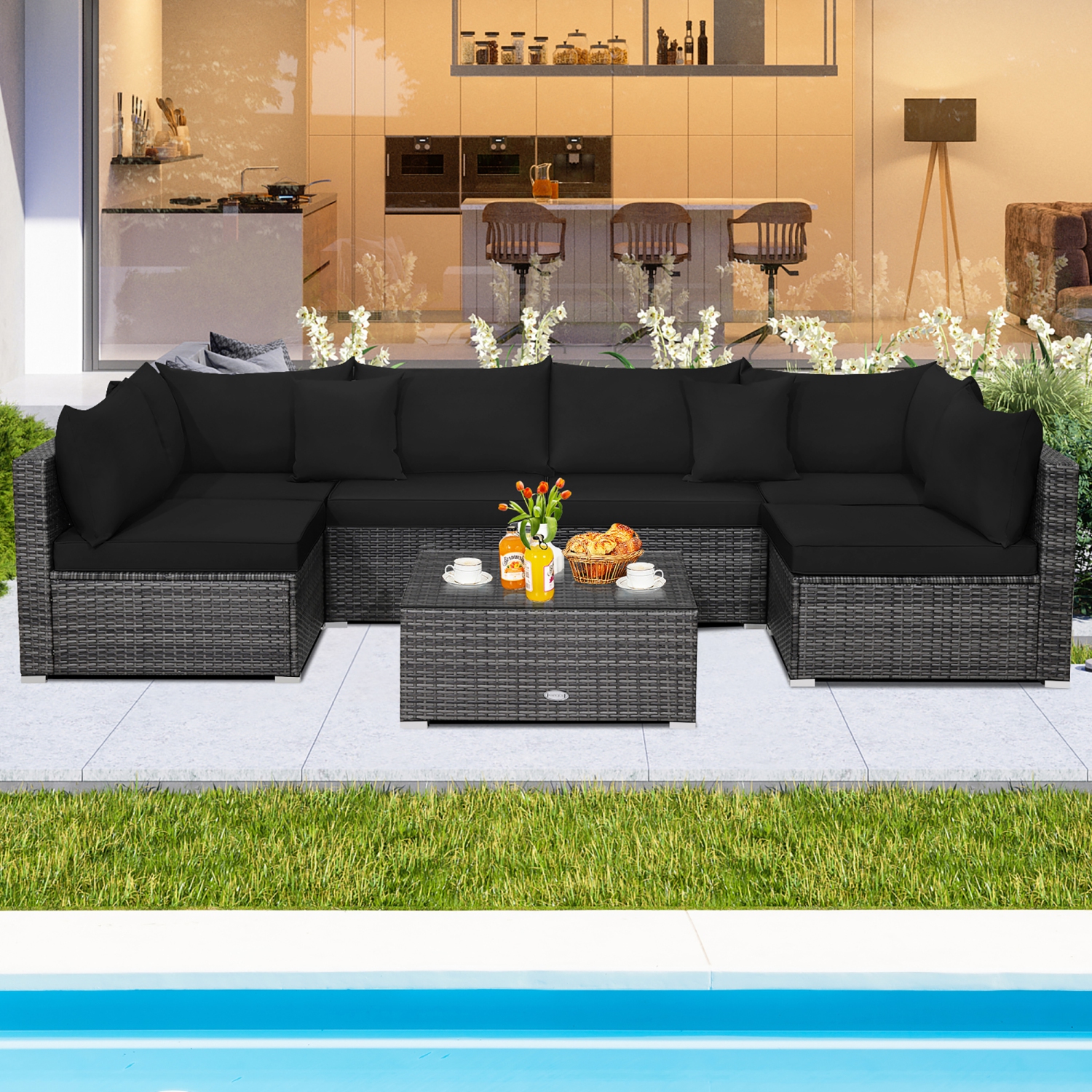 Ensemble patio de meubles en rotin 7PCS de Costway avec divan et jardin coussiné