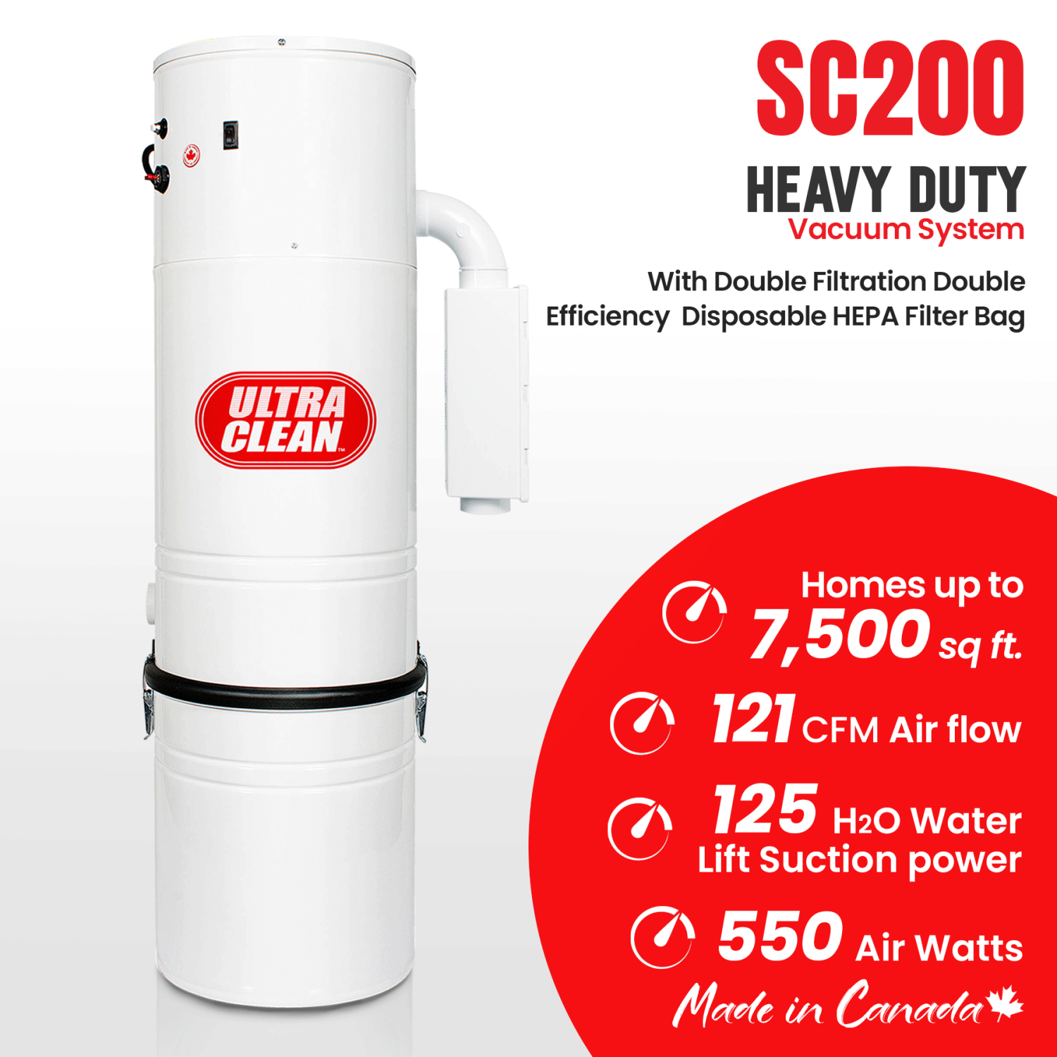 Ultra Clean SC200 Central Vacuum Unit – Made in Canada – Tangential Bypass Motor Up to 7,500 sq.ft with Air Turbo Nozzle, Hose & Accessories