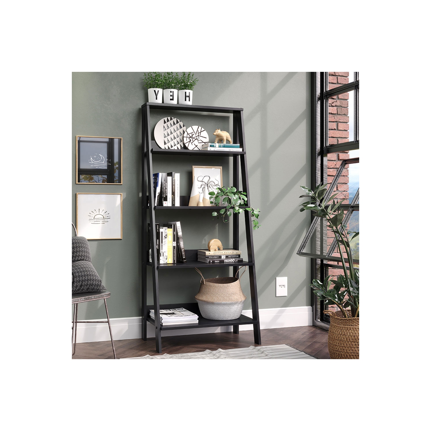 Madesa Modern 5-Tier Ladder Shelf Pantry Storage Space 24 Inch Wooden Free Standing Bookshelf Utility Shelves for Home Office Study Room and Kitchen