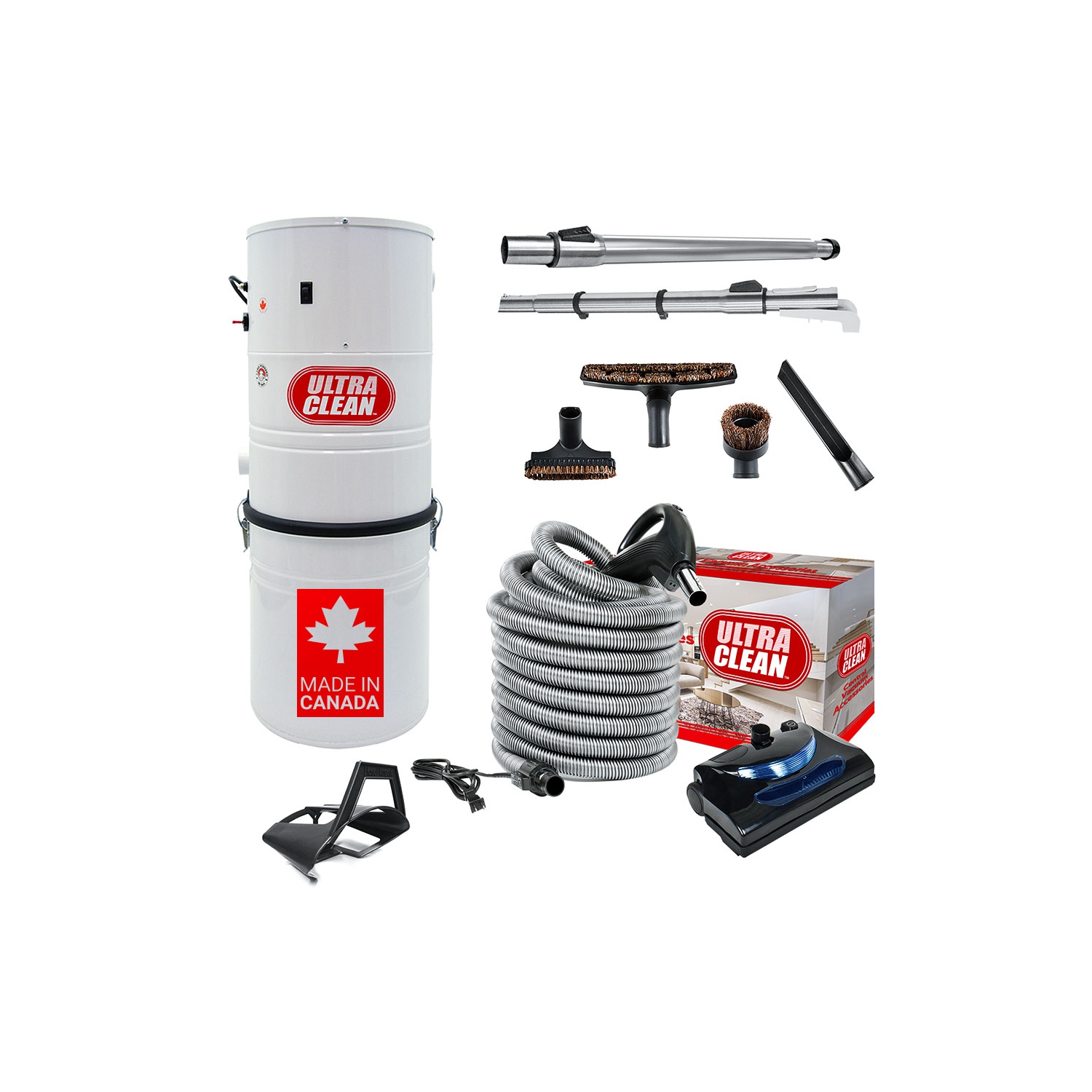 Système d'aspirateur central ultra-puissant SC100 ultra-propre – fabriqué au Canada – avec tuyau électrique de luxe, tête motorisée et accessoires