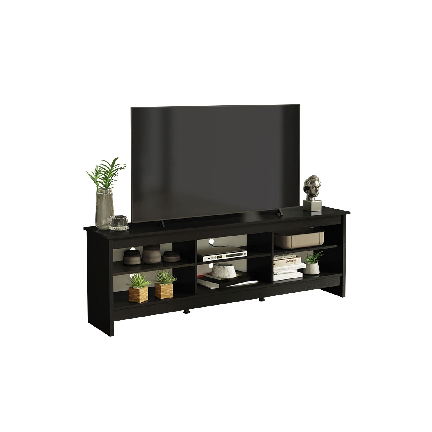 MADESA TV Stand with 6 Shelves and Cable Management, for TVs up to 75 Inches, Wood, 23” H x 15" D x 70” L – Black