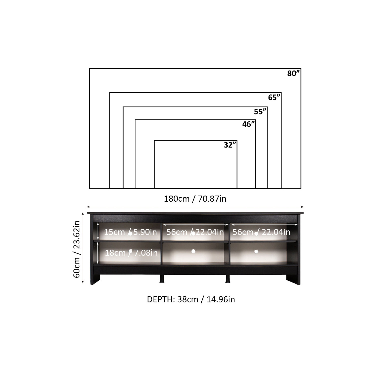 Meuble multimédia Madesa pour téléviseur meuble avec 6 tablettes et système d'organisation des câbles pour 65, 75 po, salon et chambre moderne en
