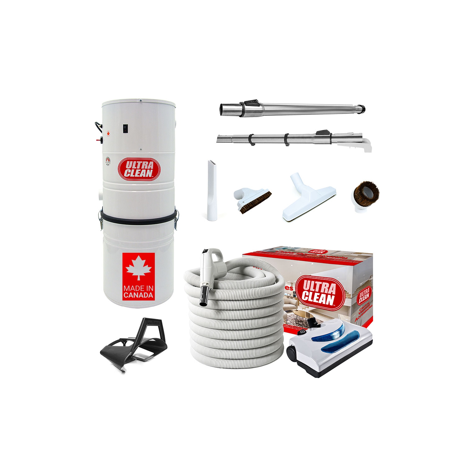 Ultra Clean SC100 Heavy Duty Powerful Central Vacuum System – Made in Canada – with Deluxe Electric Hose, Powerhead and Accessory Package