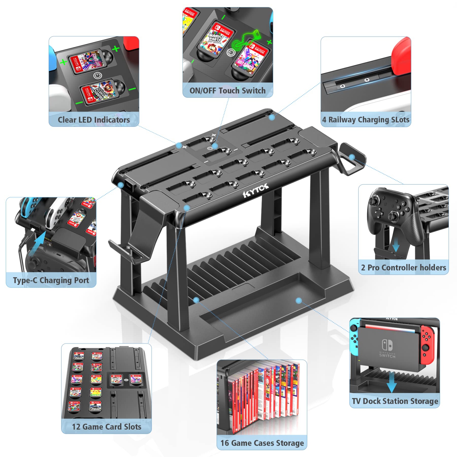Switch Games Organizer Station with Controller Charger, Charging Dock for Nintendo Switch & OLED Joycons, Kytok Switch Storage and Organizer for