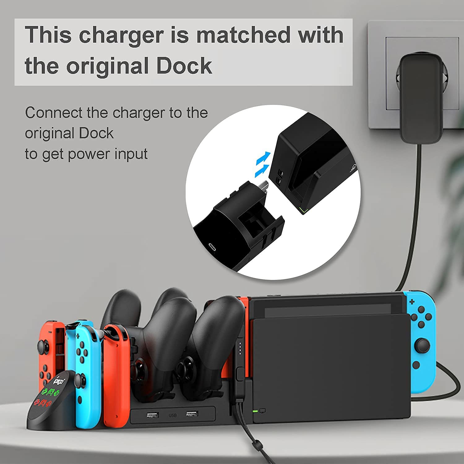 Station de chargement pour manette compatible avec les consoles Nintendo Switch/Switch DELO et Pro, station de recharge 6-en-1 pour ordinateur de