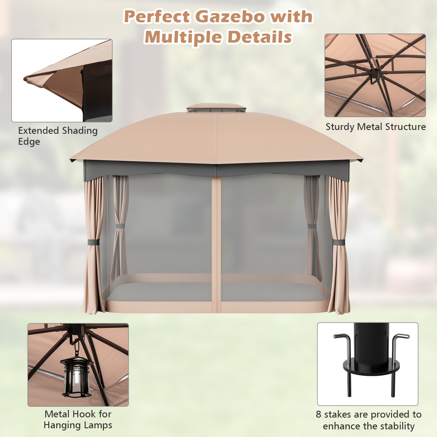Gymax Patio 12' x 10' Canopy Heavy Duty Steel Gazebo Double Vented Outdoor Brown