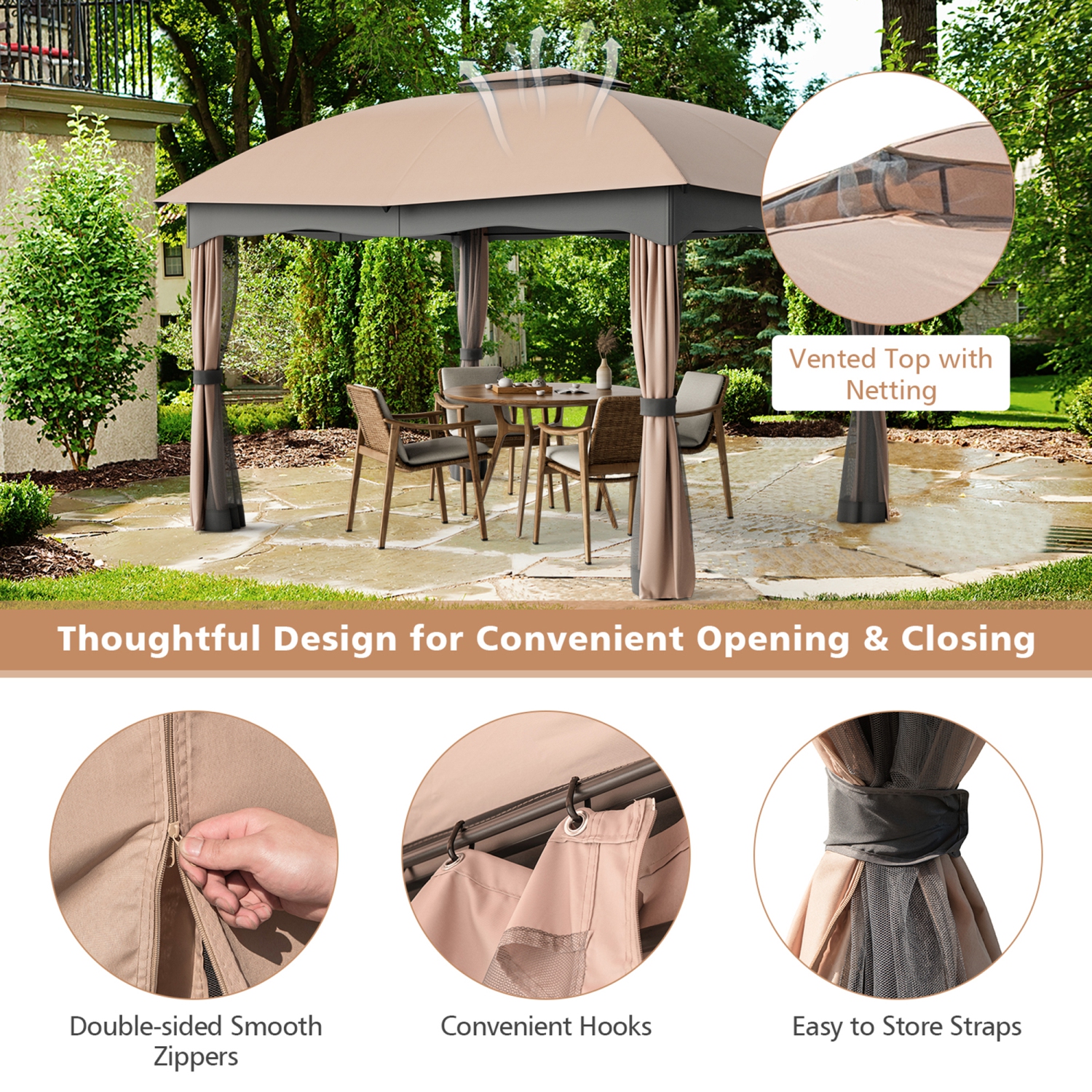 Gymax Patio 12' x 10' Canopy Heavy Duty Steel Gazebo Double Vented Outdoor Brown