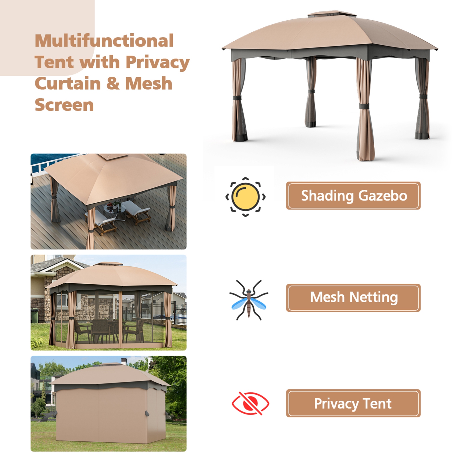 Gymax Patio 12' x 10' Canopy Heavy Duty Steel Gazebo Double Vented Outdoor Brown
