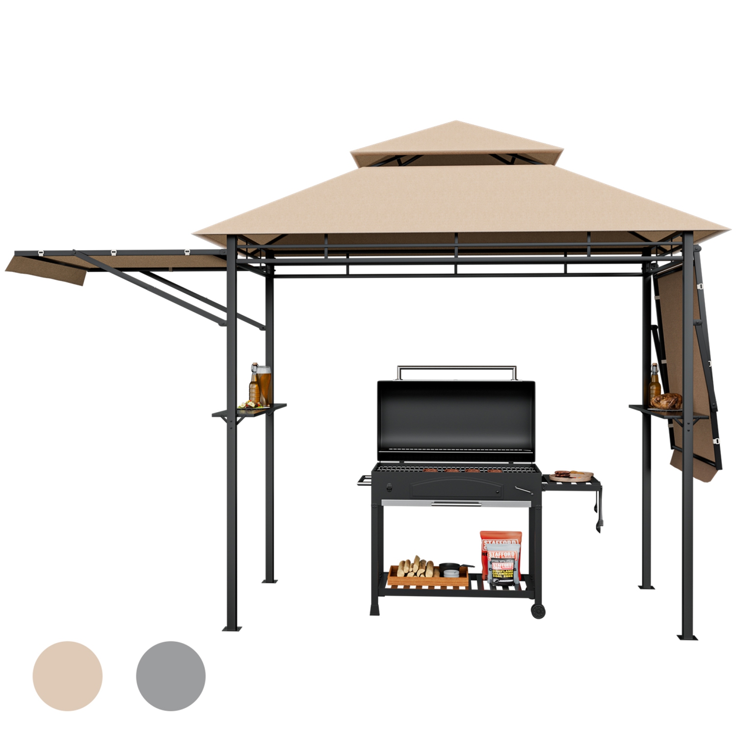 Gymax 13.5' x 4' Patio BBQ Grill Gazebo Side Awnings Shelves 2-Tier Canopy Outdoor
