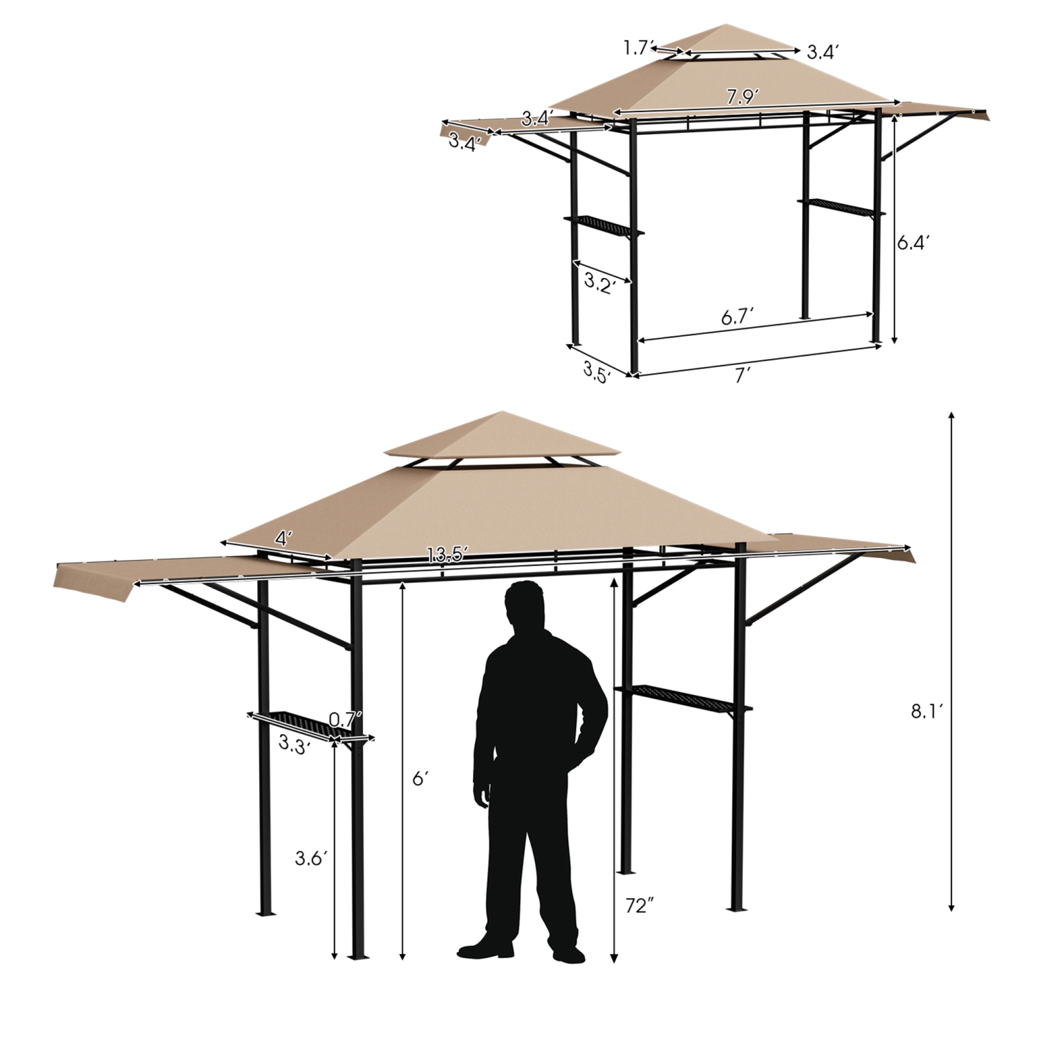Gymax 13.5' x 4' Patio BBQ Grill Gazebo Side Awnings Shelves 2-Tier Canopy Outdoor