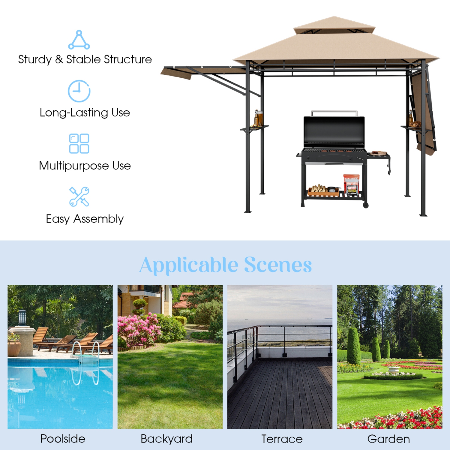 Gymax 13.5' x 4' Patio BBQ Grill Gazebo Side Awnings Shelves 2-Tier Canopy Outdoor