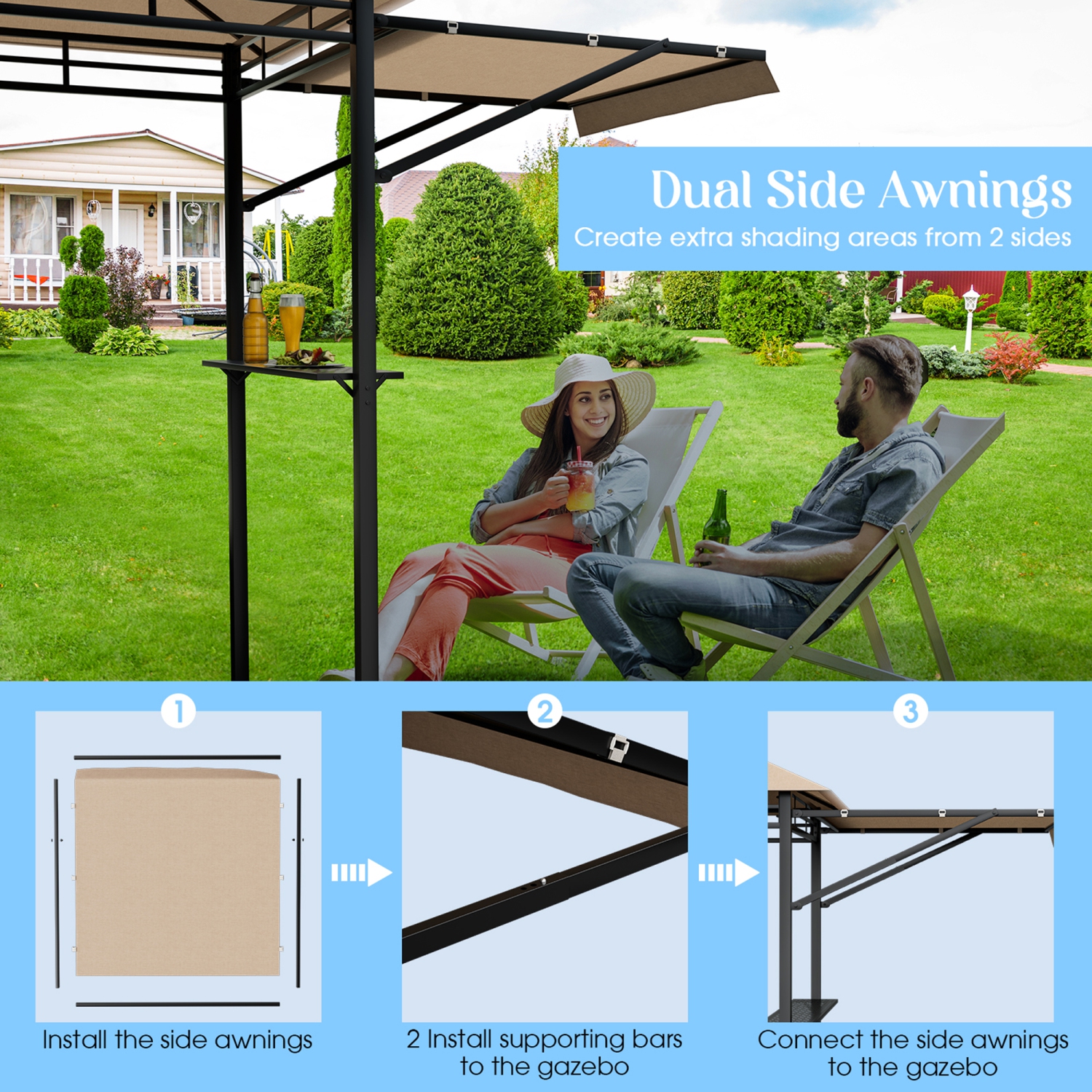 Gymax 13.5' x 4' Patio BBQ Grill Gazebo Side Awnings Shelves 2-Tier Canopy Outdoor