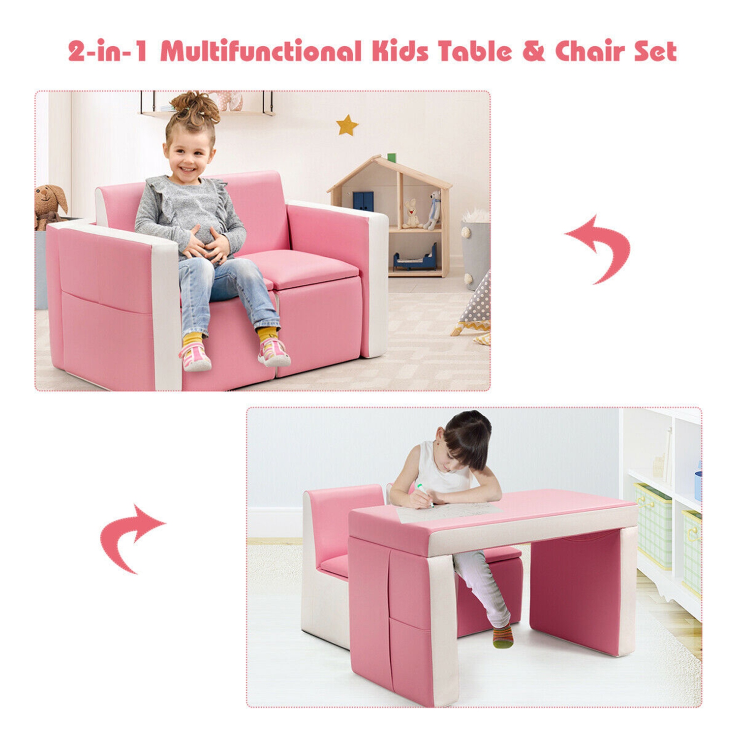 Gymax Multi-functional Kids Sofa Table Chair Set 2 Seat Couch Furniture W/Storage Box