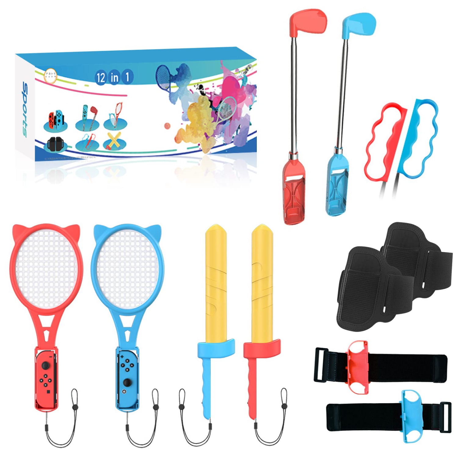 Switch Sports Accessories Bundle for Switch, 12 in 1 Family Accessories Kit with Sword, Grip, Golf Clubs, Leg Straps, Tennis