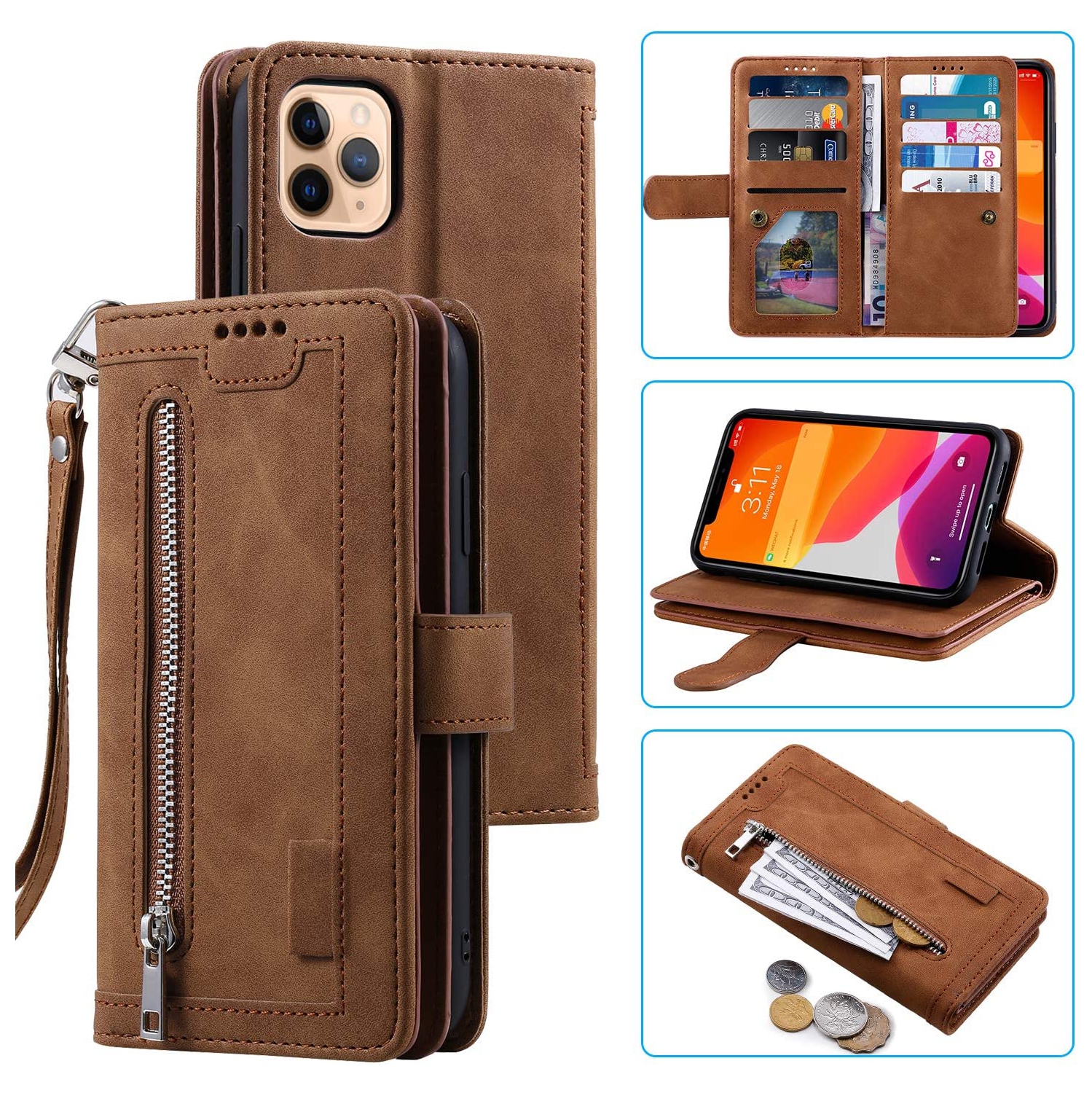 Wallet Case for iPhone 13 Pro 6.1, Retro Matte 9 Card Holder Slots Zipper Pocket Case PU Leather Magnetic