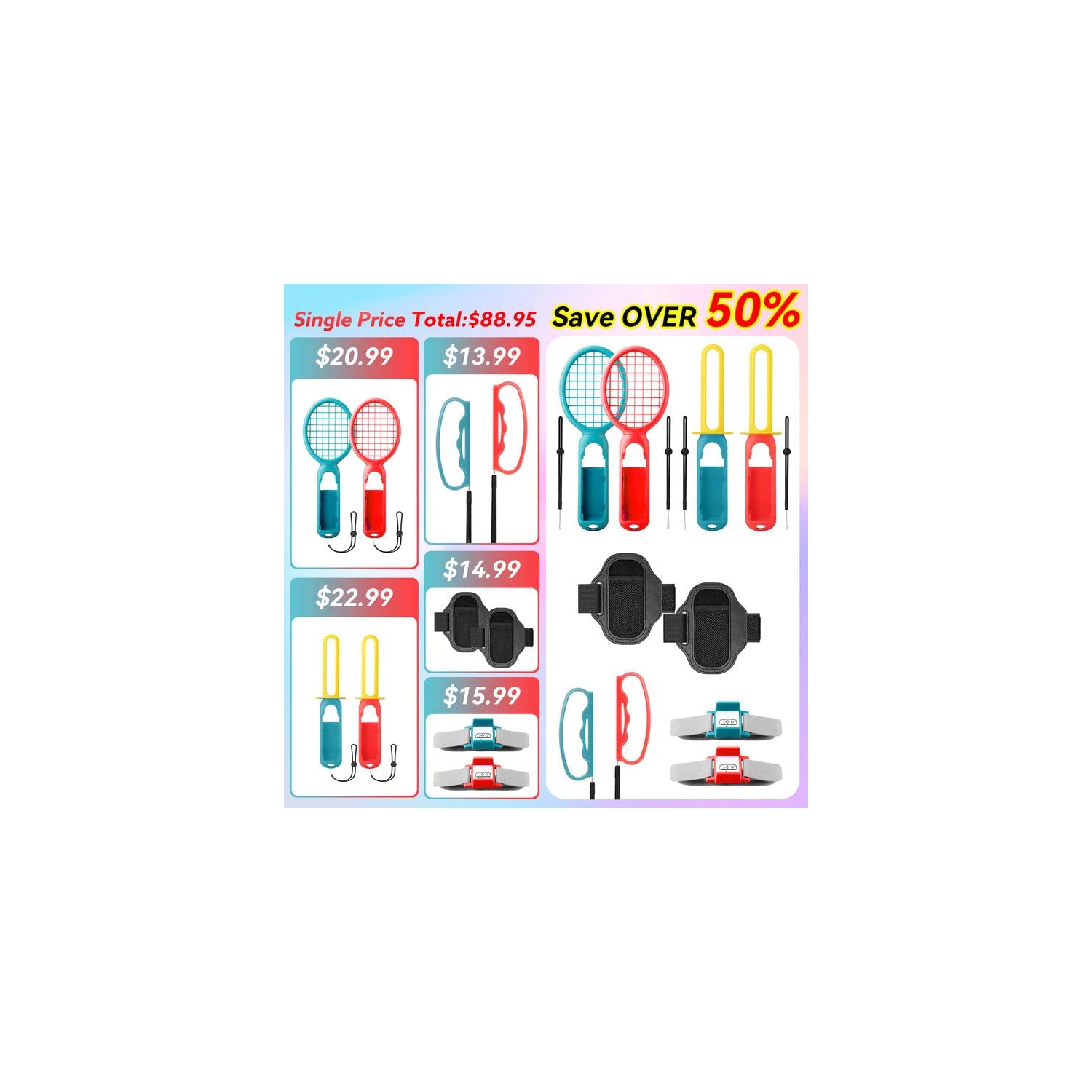 Switch Sports Accessories Bundle 10-in-1 Kit for Nintendo Switch & Switch OLED, Tennis Rackets, Bowling Grips, Fencing Grips, Wristbands, Leg Straps,