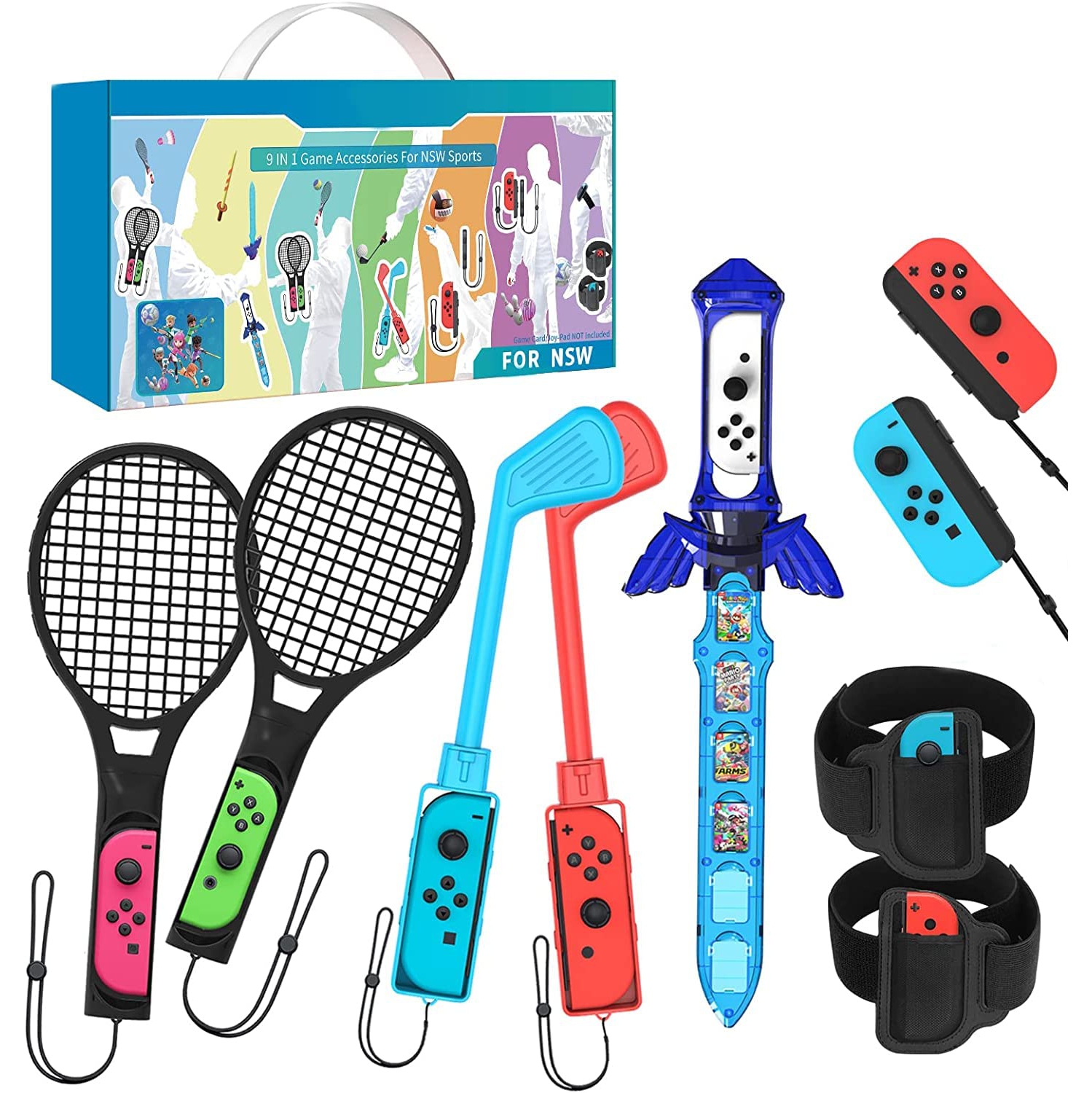 VoSinrly Switch Sports Accessories Bundle, 9 in 1 Family Sport Kit for Switch & Switch OLED: Mario Golf Clubs, Skyward Sword