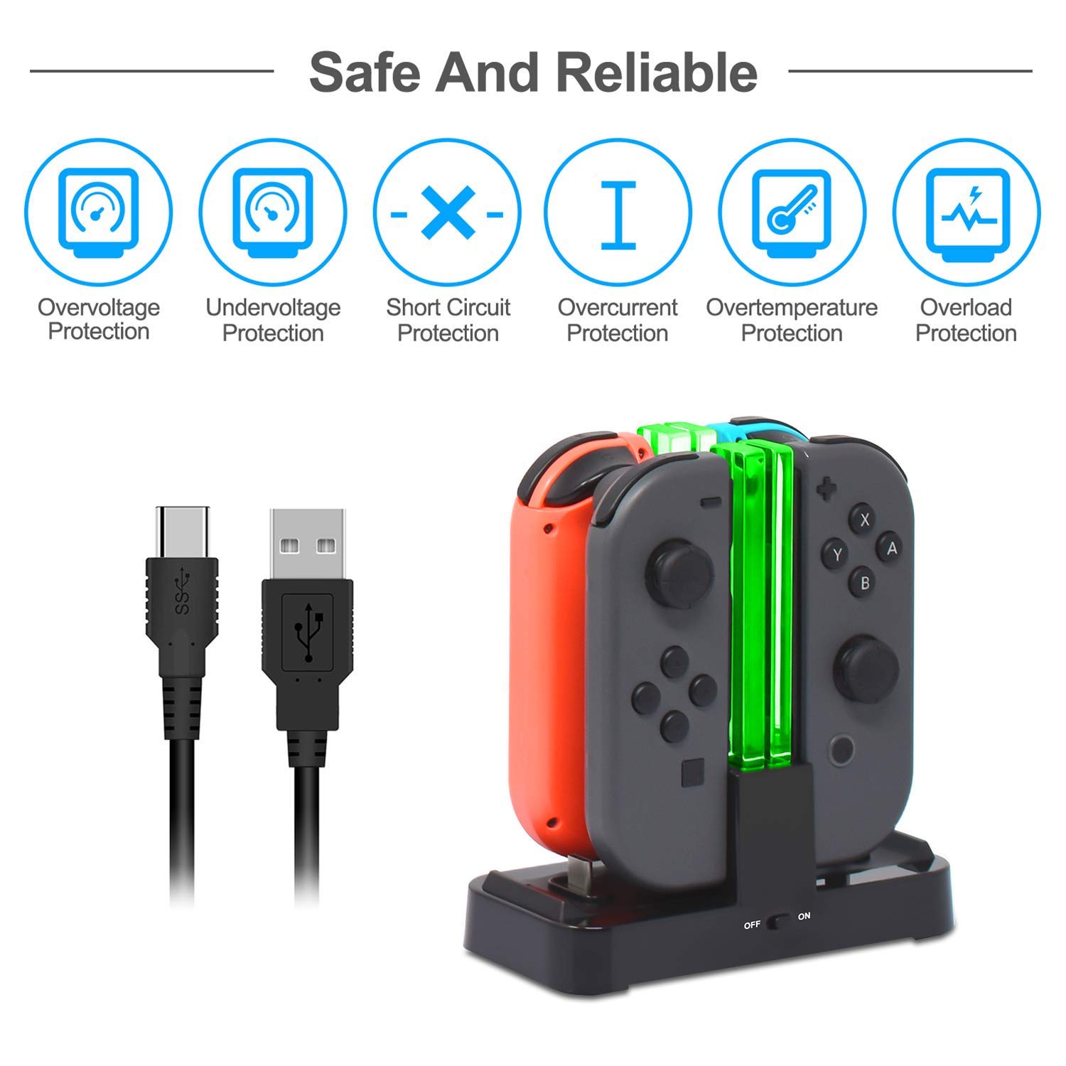 Chargeur compatible avec les manettes Switch Pro et compatible avec manettes Joy-Con, socle de recharge pour Switch avec 2 ports USB de type C.