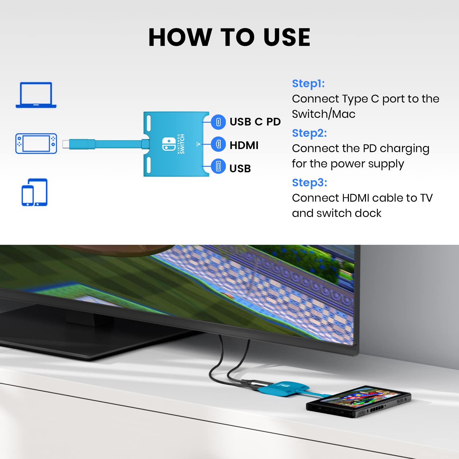 Switch Dock 4K Replacement for Nintendo Switch Dock 1080P TV Docking Station for Nintendo(Blue)