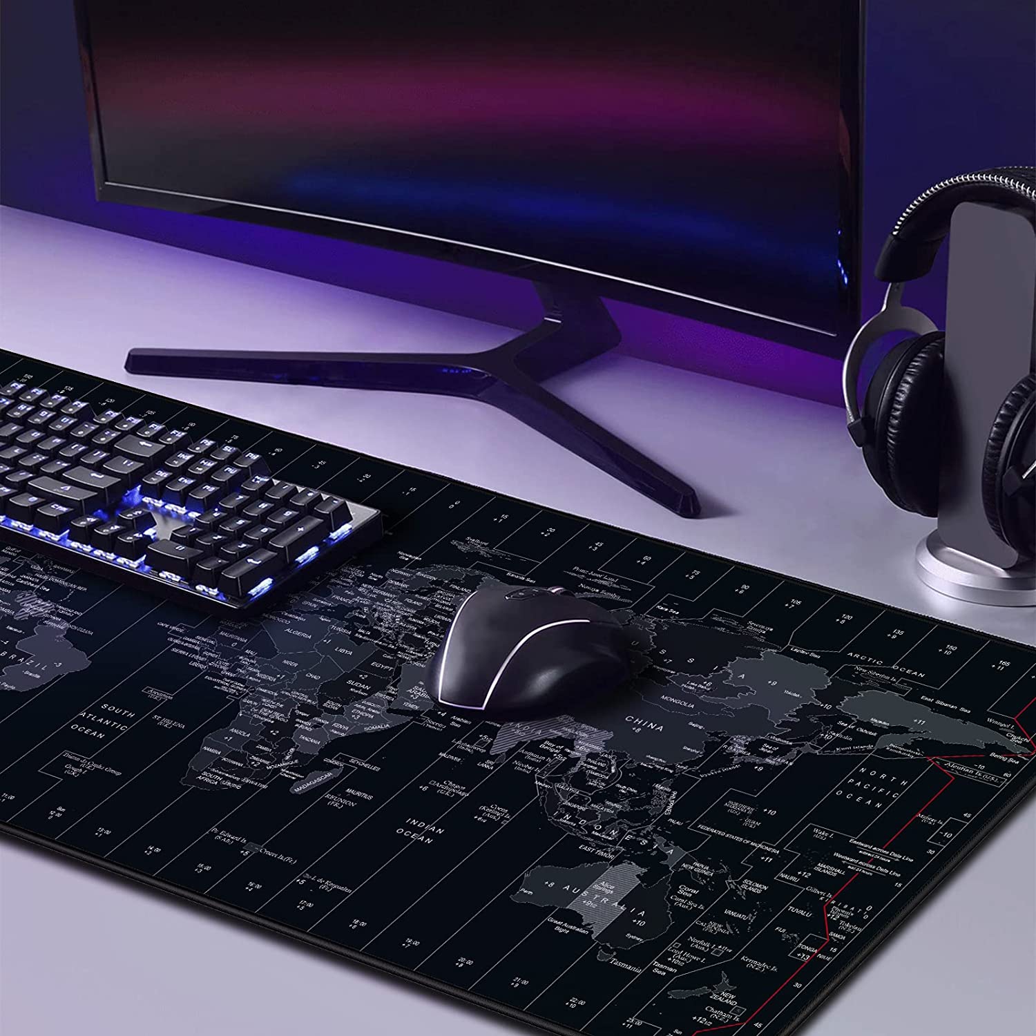 Tapis de souris de jeu à grande vitesse de 35.4 x 15,7x 0,12 po avec design personnalisé - Carte du monde noire