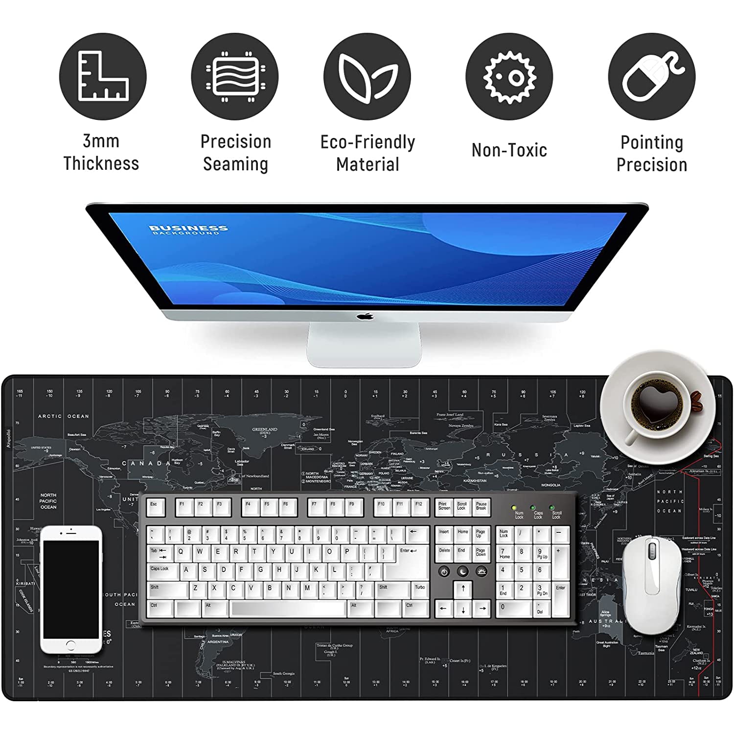 Tapis de souris de jeu à grande vitesse de 35.4 x 15,7x 0,12 po avec design personnalisé - Carte du monde noire