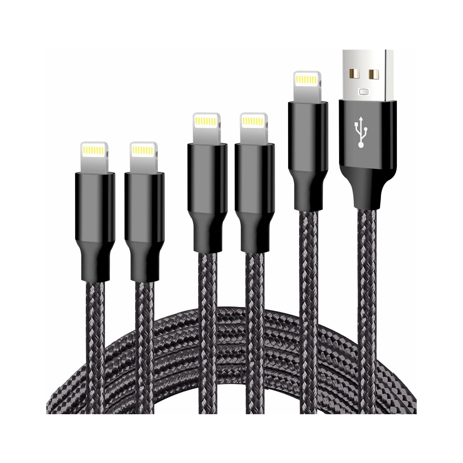 iPhone Charger Cable, C 5 Pack[3/3/6/6/10FT] MFi Certified USB Lightning Cable Nylon Braided Charging Cord Compatible for iPhone X/Max/12/11/8/7/6/6S/5/5S/SE/Plus/iPad - Black