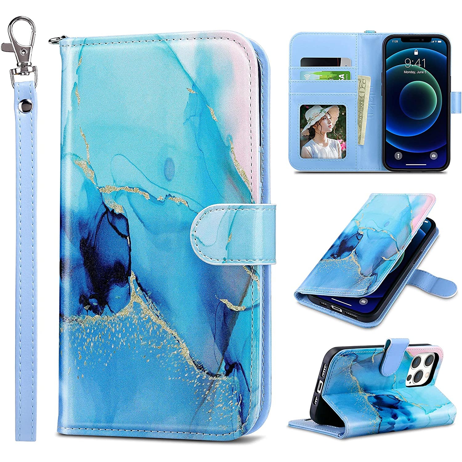 Compatible with iPhone 13 Pro Wallet Case, PU Leather Flip Case with Card Holders Kickstand Wrist Strap,