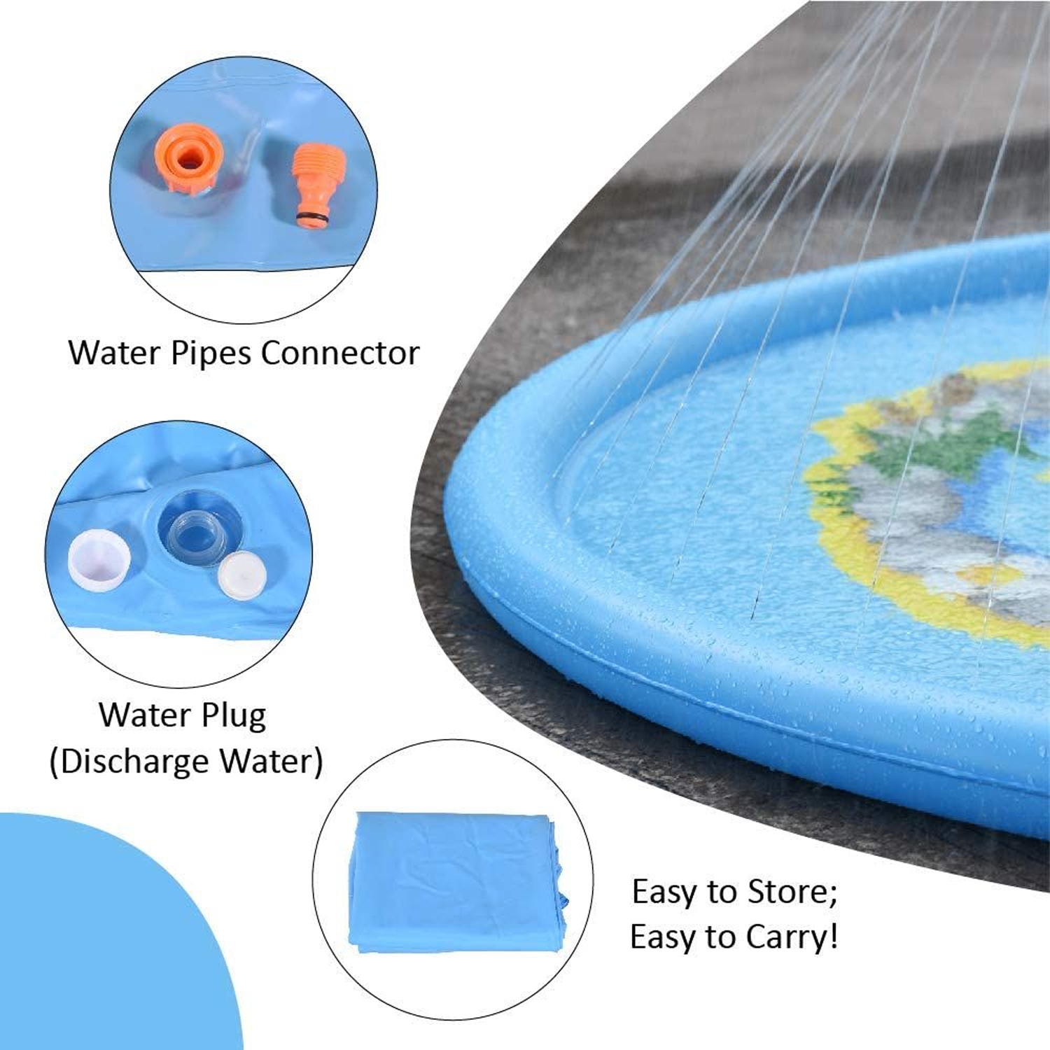 Tapis de jeu saupoudré et éclaboussé de 170 cm pour jouets d'eau de pulvérisation d'extérieur de jardin d'été