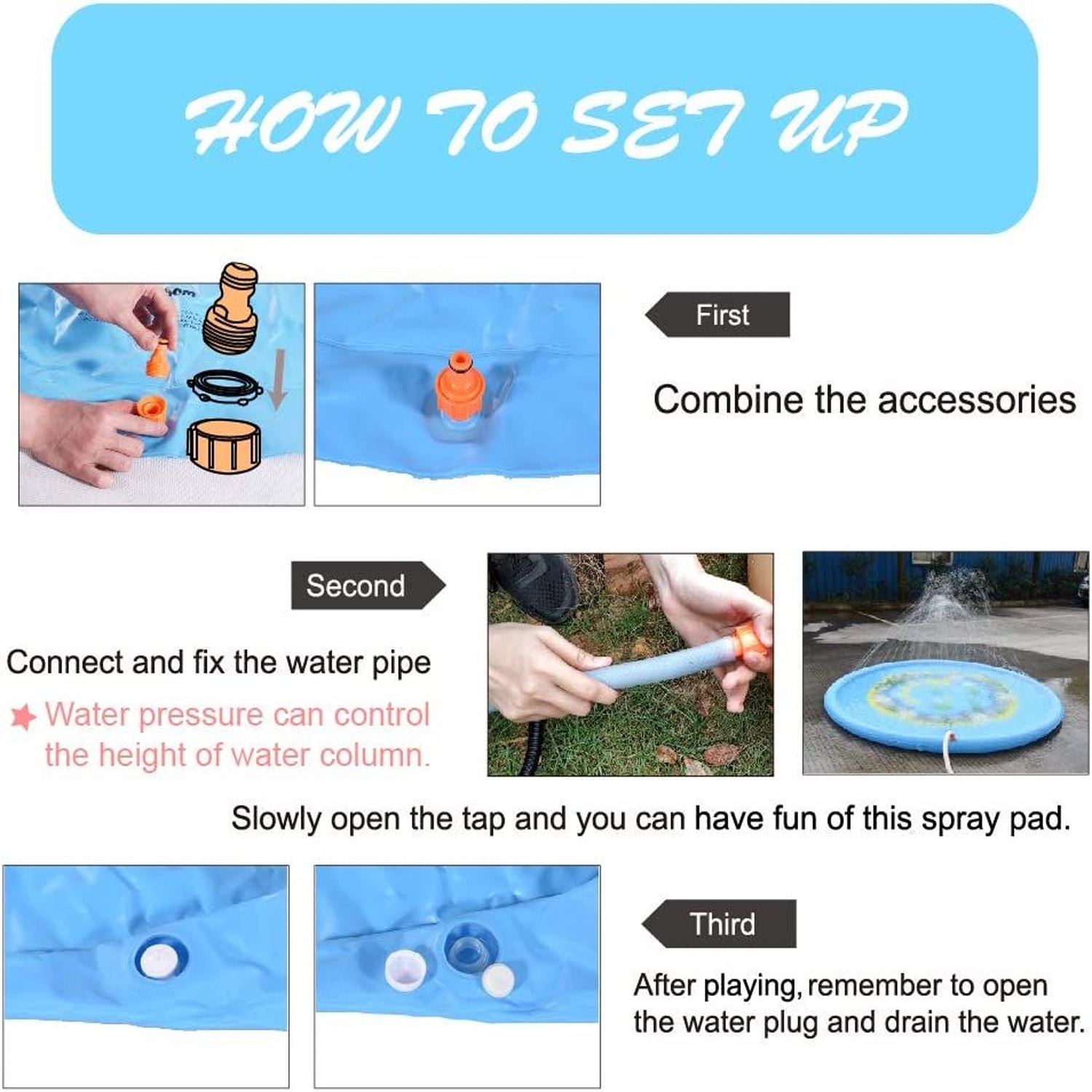 Tapis de jeu saupoudré et éclaboussé de 170 cm pour jouets d'eau de pulvérisation d'extérieur de jardin d'été