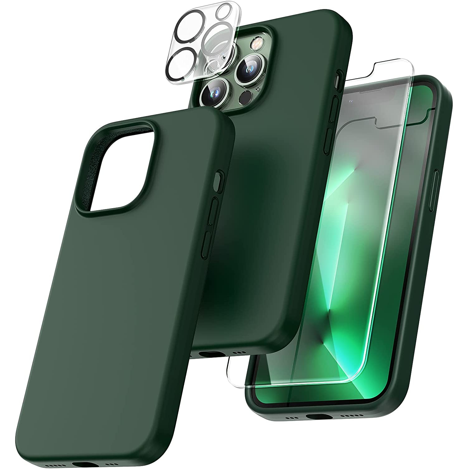 [5 in 1] for iPhone 13 Pro Case, with 2 Pack Screen Protector + 2 Pack Camera Lens Protector, Liquid Silicone