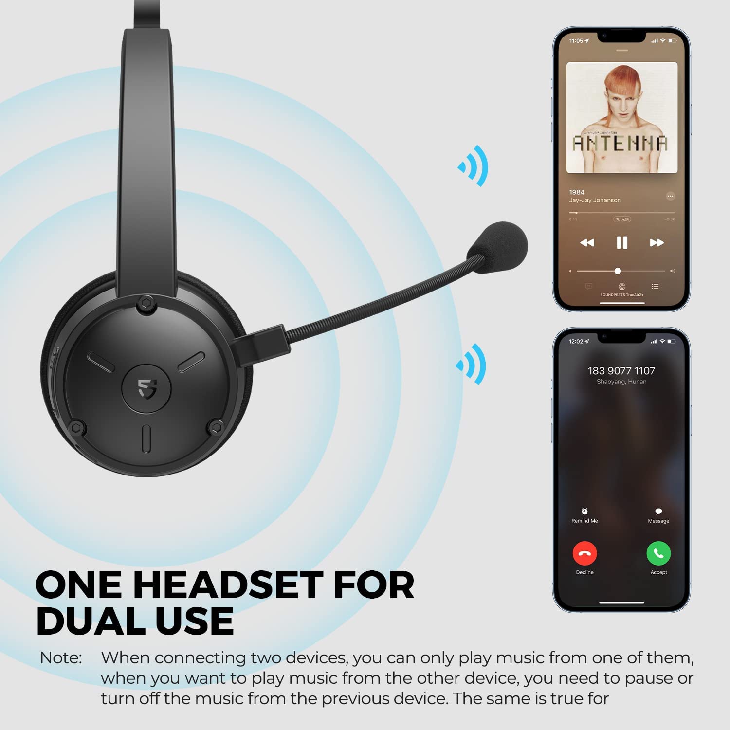 S A7 Pro Wireless Headset with Microphone V5.2, Noise Cancellation Bluetooth Headphones with Mute Mode, 40 hrs Office Headset for Call