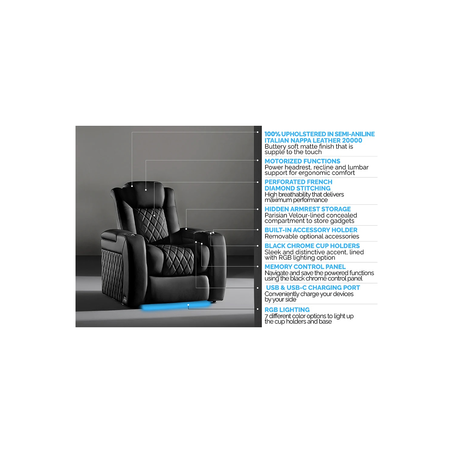 Valencia Tuscany Ultimate Recliner Home Theater Seating | Premium Italian Nappa Leather 20000, Power Lumbar & Power Headrest, RGB Lighting