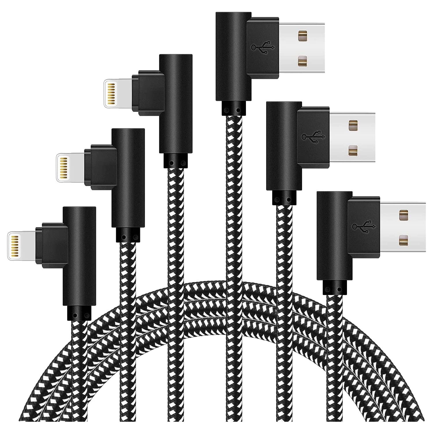 Lightning Cable 10ft iPhone Charger Cable 3PACK 90 Degree Right Angle Nylon Braided Gaming Charging Cord Compatible with iPhone 14 13 12 11 X 8 7 6 Plus iPad(Black White)