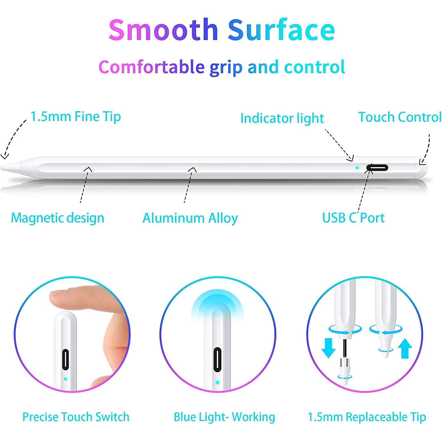 Stylet, stylet iPhone avec embout très précis compatible avec les écrans tactiles et téléphones iOS/Android, stylet rechargeable, stylet Pencil pour