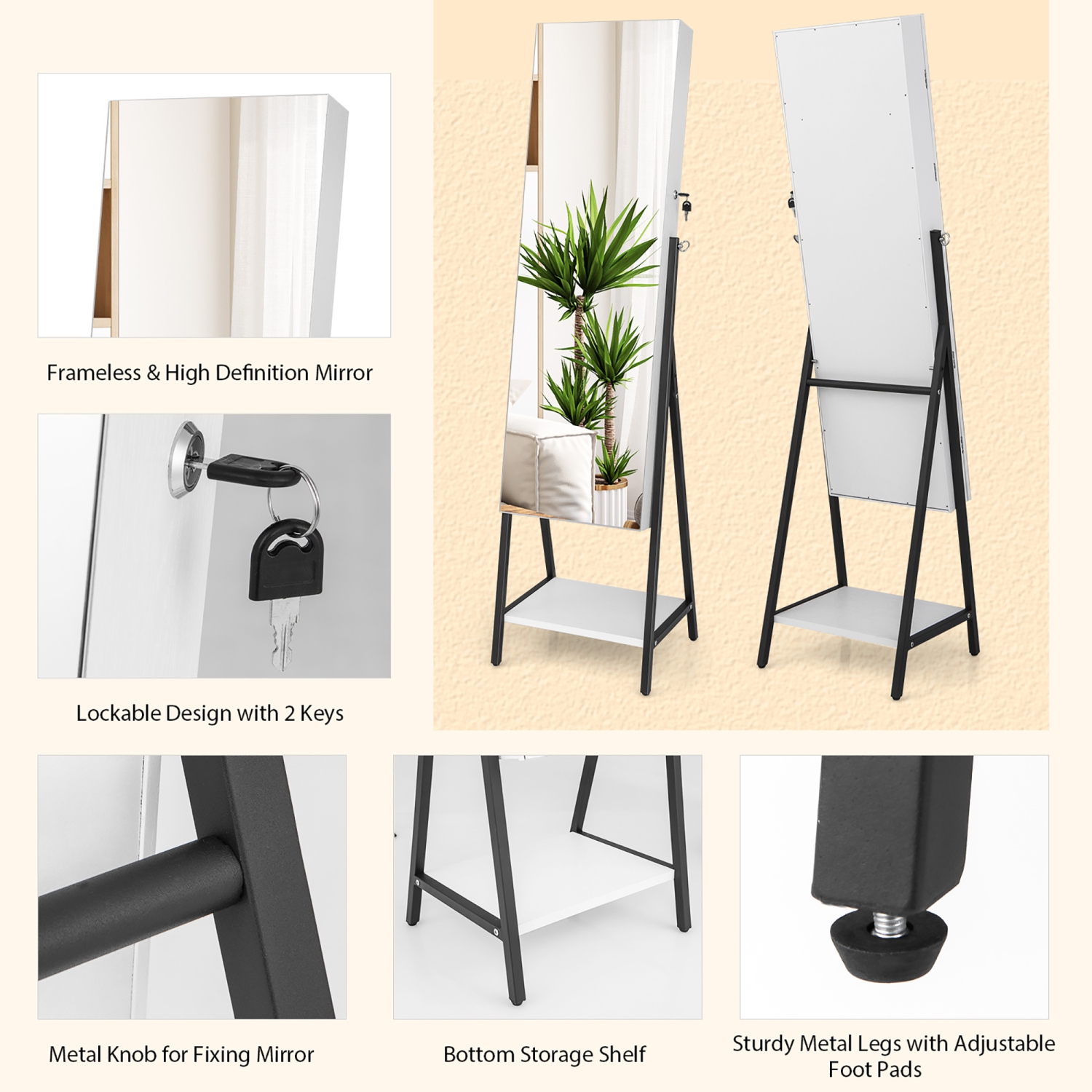 Costway Jewelry Cabinet Armoire 3 Color LED Modes Full-Length Frameless Mirror Lockable