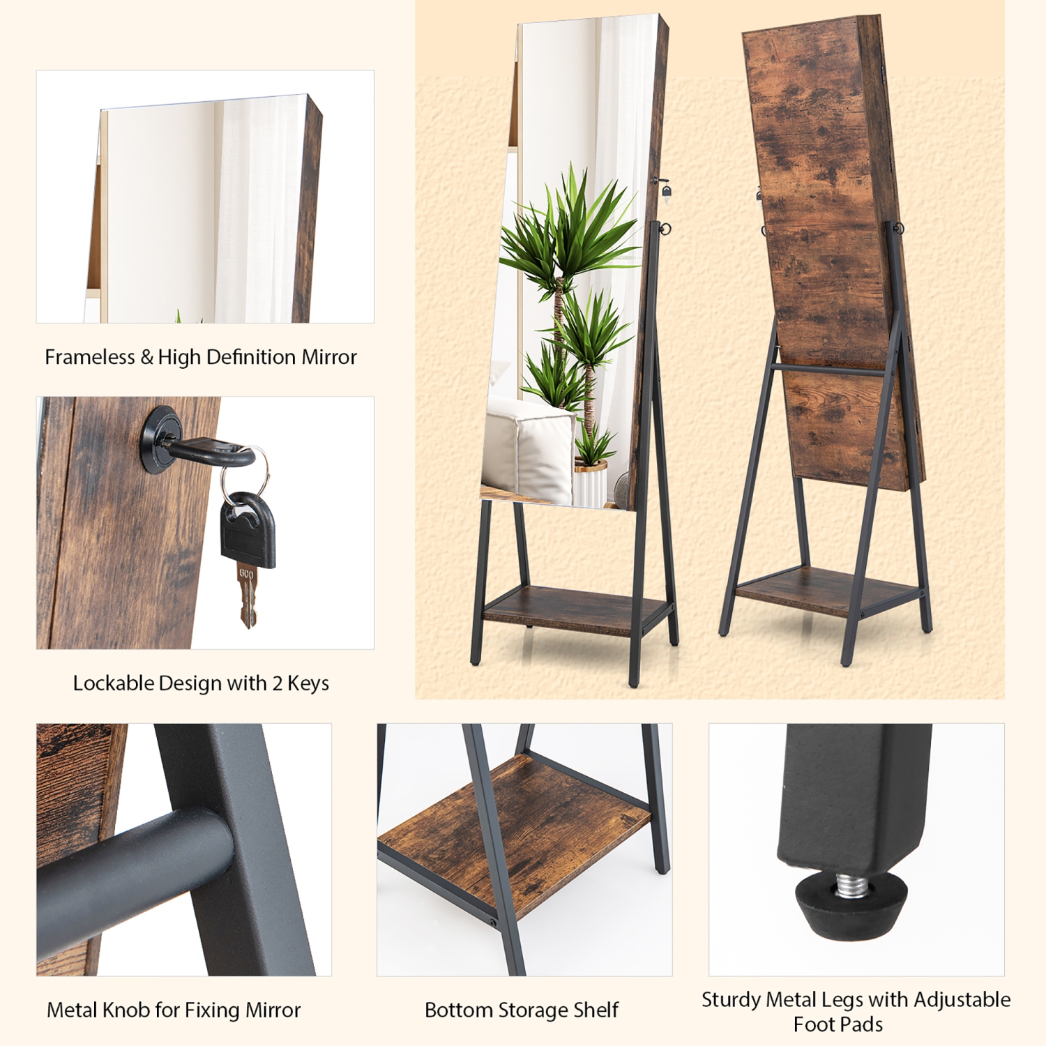 Costway Jewelry Cabinet Armoire 3 Color LED Modes Full-Length Frameless Mirror Lockable